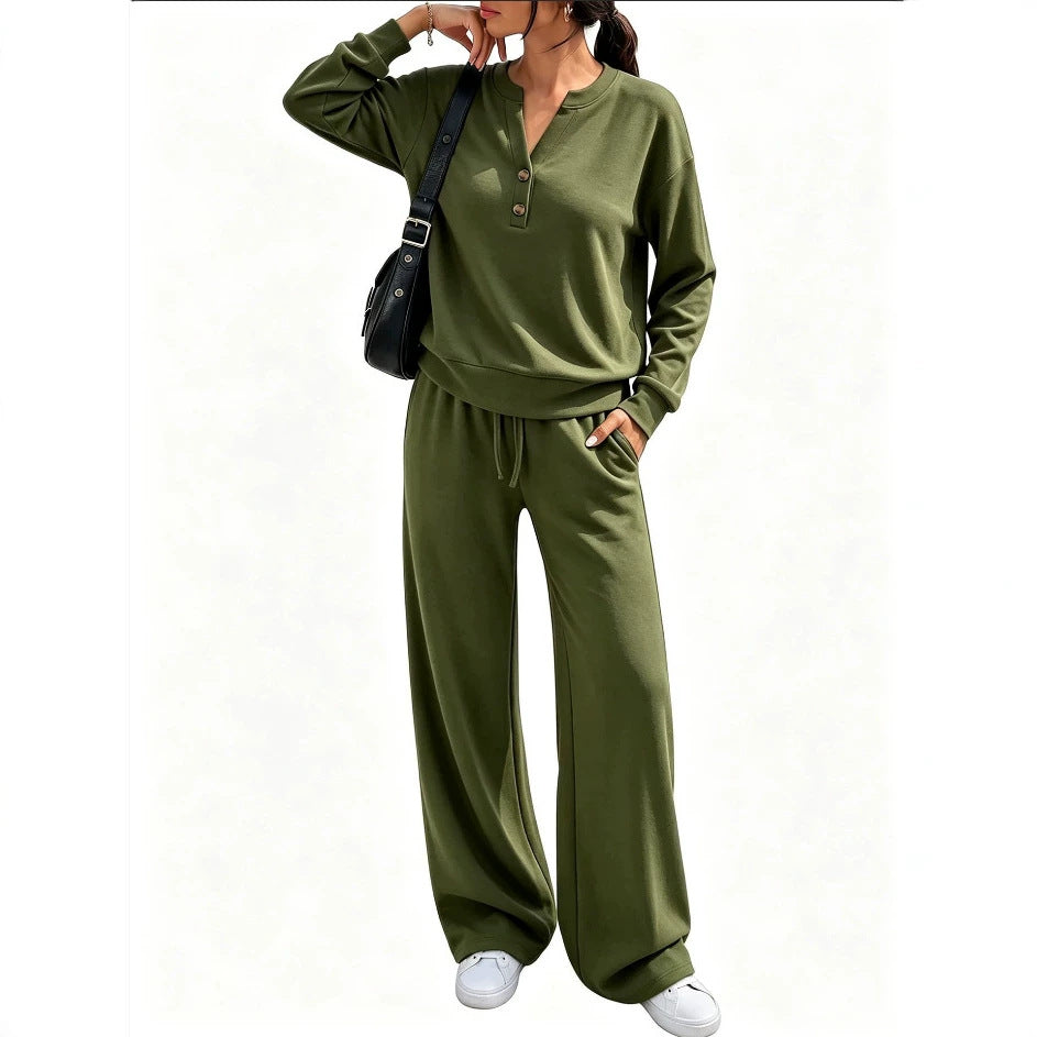 Damen Lounge-Set mit Henley-Kragen und palazzoweiter Jogginghose Shop Nory