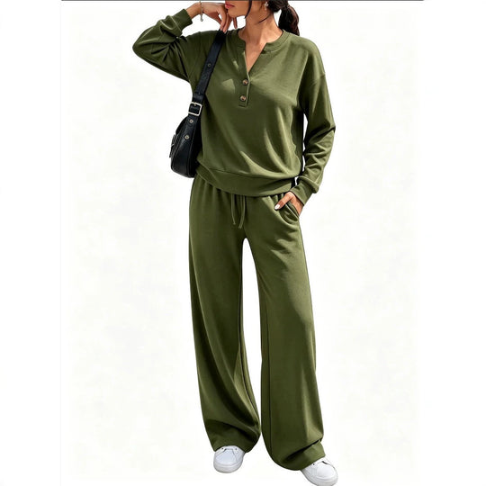 Damen Lounge-Set mit Henley-Kragen und palazzoweiter Jogginghose Shop Nory