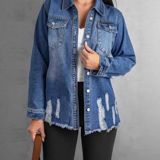 Damen Lässige Oversize-Denimjacke mit Destroyed‑Details, Hemdkragen und Fransen‑Saum Shop Nory