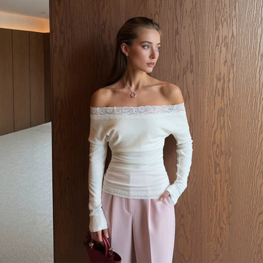 Damen Schmal geschnittenes Off-Shoulder Feinstrick-Top mit Spitzenkante Shop Nory