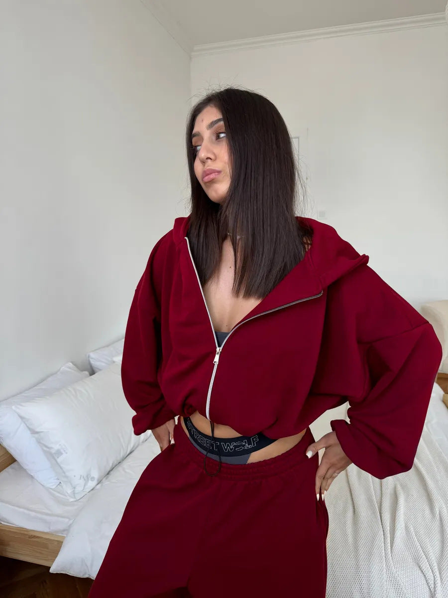 Damen kurzes Kapuzenzipper-Lounge-Set mit oversized Ärmeln und weitem Jogginghose-Schnitt Shop Nory