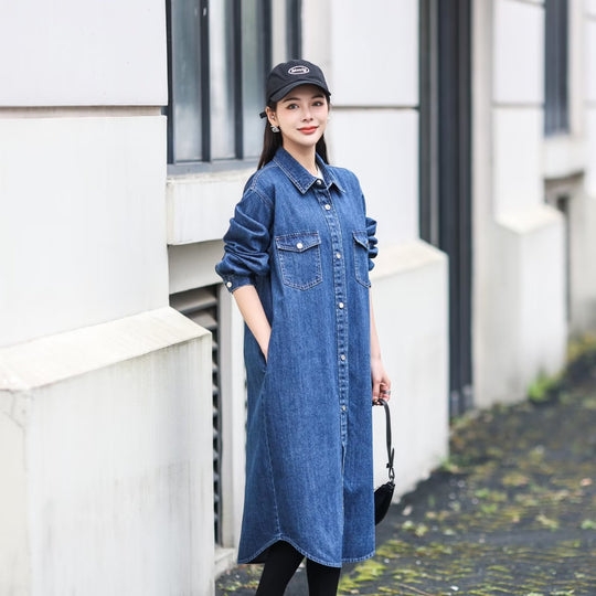 Damen Langes Denim-Hemdblusenkleid mit Knopfleiste und Brusttaschen Shop Nory