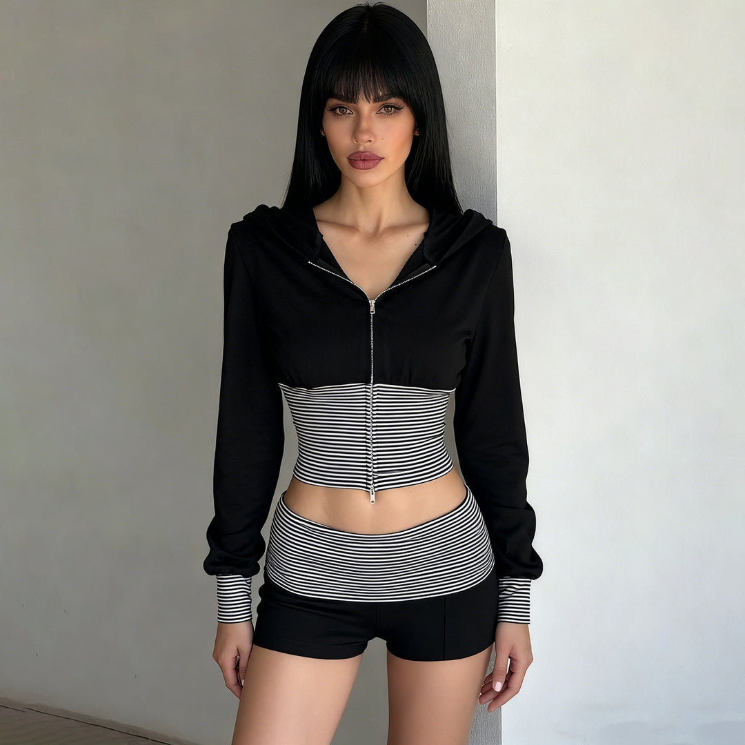 Damen nan kurz geschnittenes Lounge-Set mit Kapuzen-Cropped-Zip und gestreiften Highwaist-Shorts Shop Nory