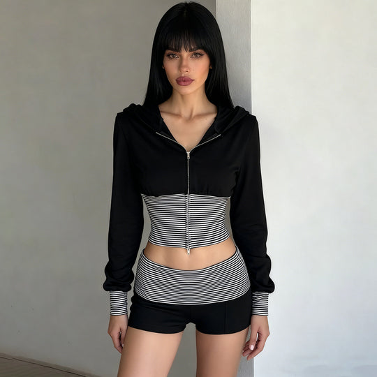 Damen nan kurz geschnittenes Lounge-Set mit Kapuzen-Cropped-Zip und gestreiften Highwaist-Shorts Shop Nory