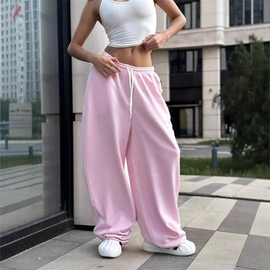 Damen oversized Fleece-Sweathose mit tiefem Schritt, Kordelzugbund und lässiger Streetwear-Passform Shop Nory