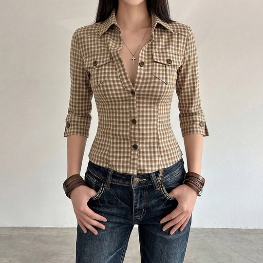 Damen nan taillierte Dreiviertelarm Karobluse mit Brustpattentaschen und Hemdkragen Shop Nory