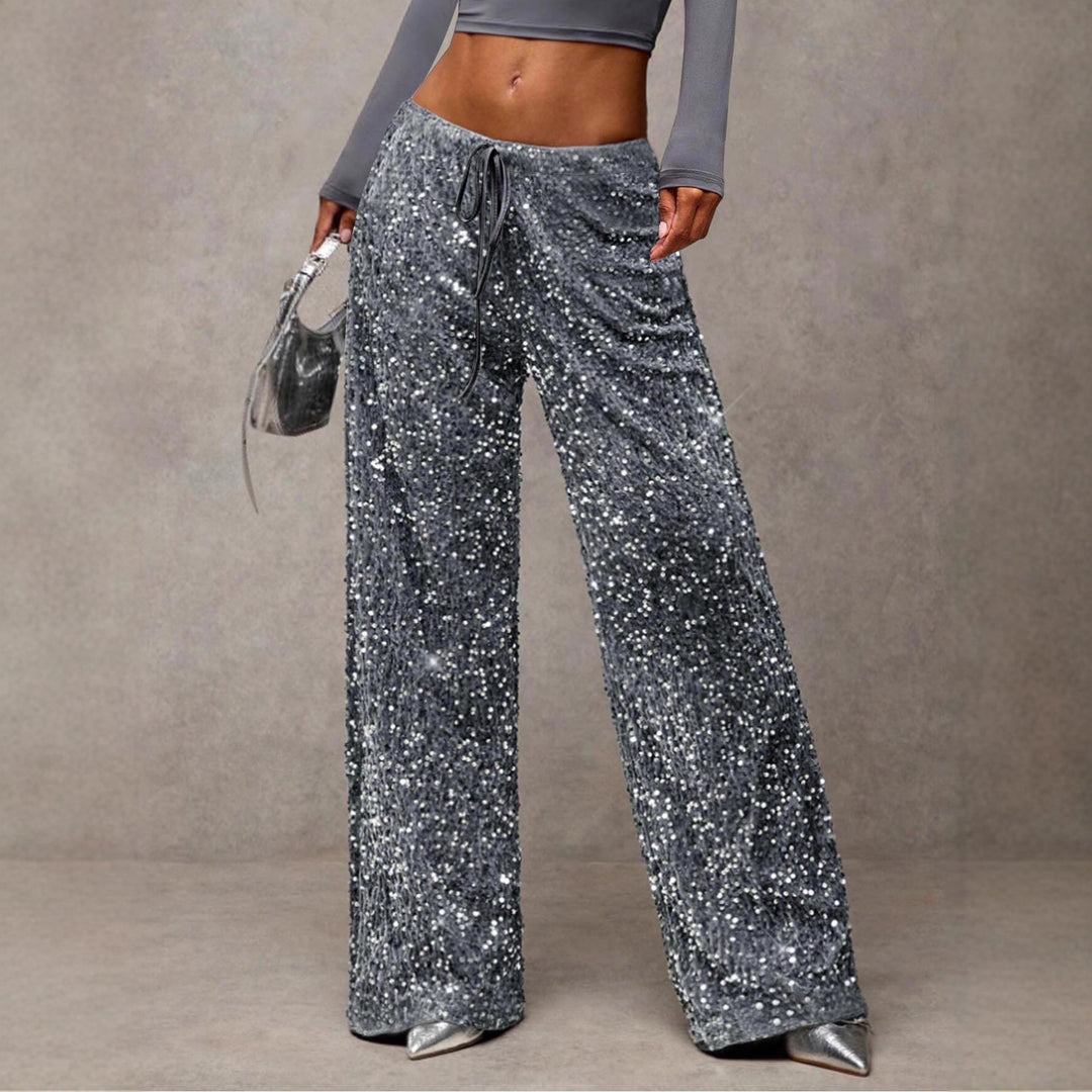 Damen Pailletten-Palazzohose mit hohem Bund und Kordelzug Shop Nory