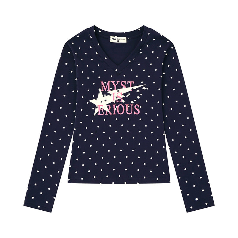 Damen Langarmshirt mit V-Ausschnitt, Polka-Dots und Statement-Print aus Baumwolljersey Shop Nory