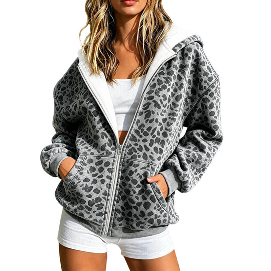 Damen Leicht gefütterte Kapuzen-Zipperjacke im Animalprint mit Kängurutaschen Shop Nory