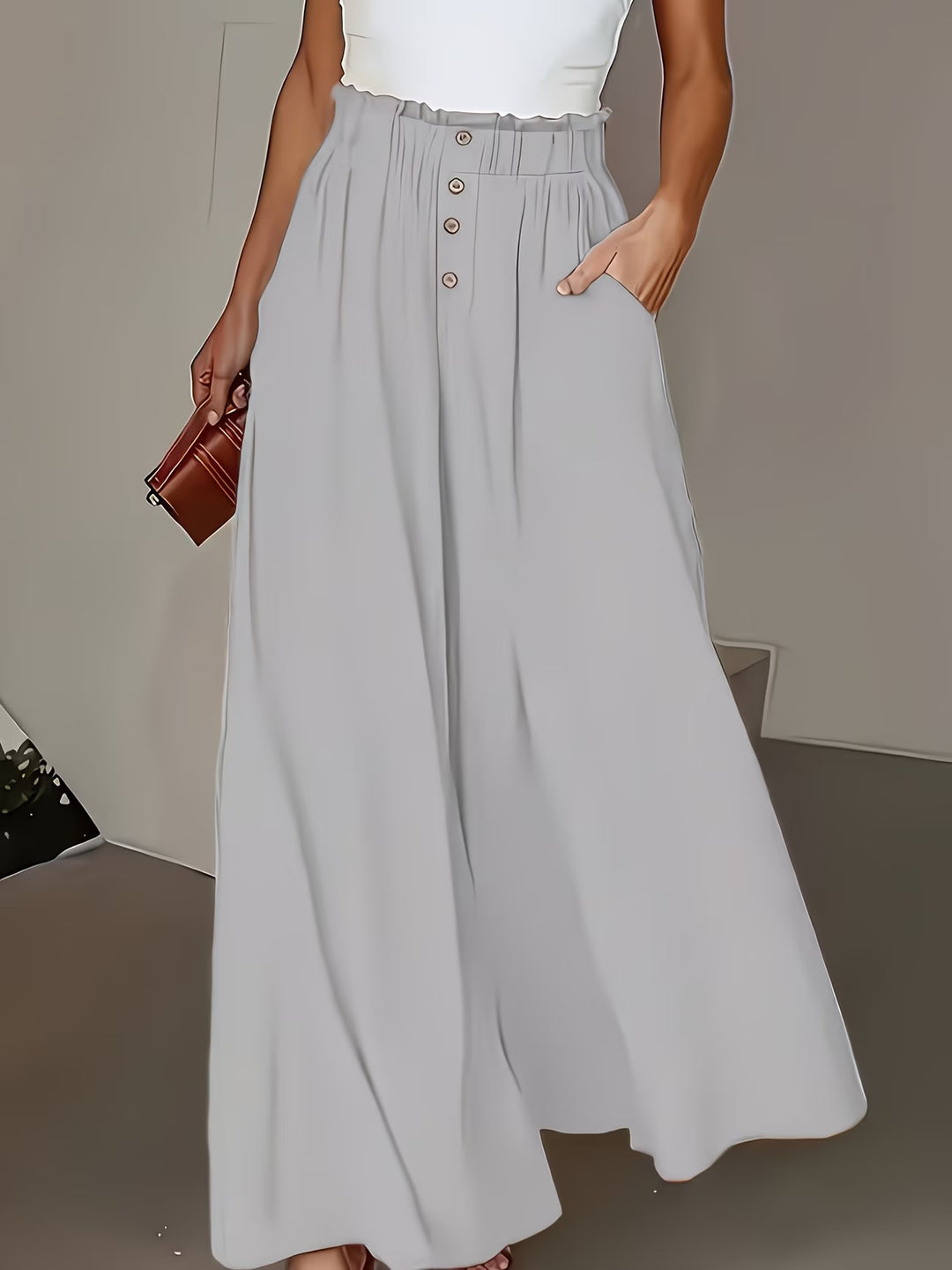 Damen weite Leinenhose mit hohem, gerafftem Bund und Knopfverzierung Shop Nory