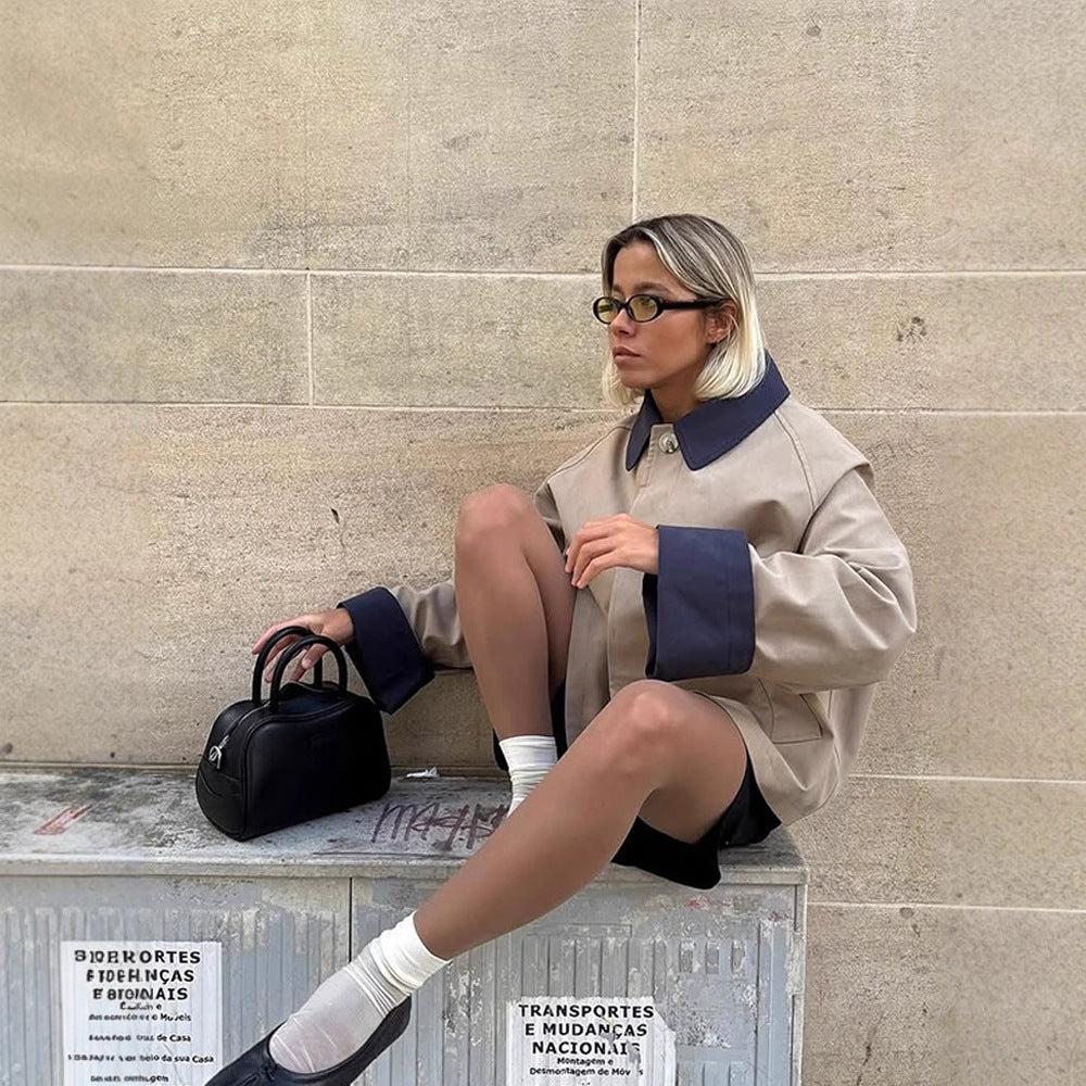 Damen Boxy-Übergangsjacke mit kontrastkragen, verdeckter Knopfleiste und verlängerten Ärmeln Shop Nory