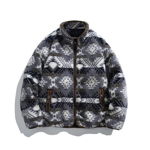 Unisex Teddy-Fleecejacke im Aztekenmuster mit Stehkragen und durchgehendem Reißverschluss Shop Nory