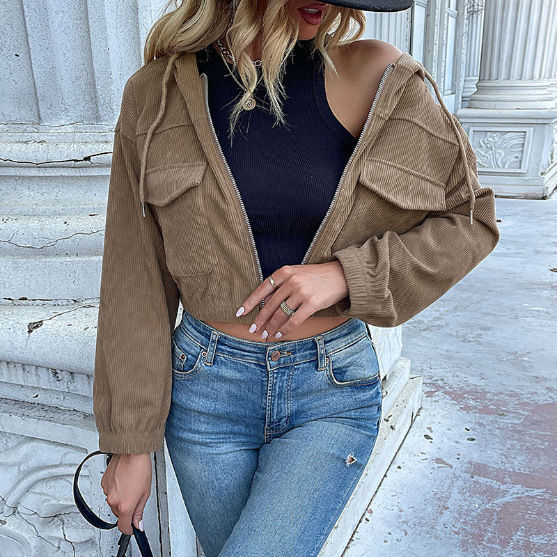 Damen Kurz geschnittene Cordjacke mit Kapuze, Reißverschluss und Pattentaschen Shop Nory