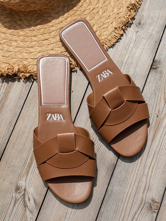 Damen Jeans-Optik Slide-Sandalen mit gekreuzten Stoffriemen und flacher Komfortsohle Shop Nory