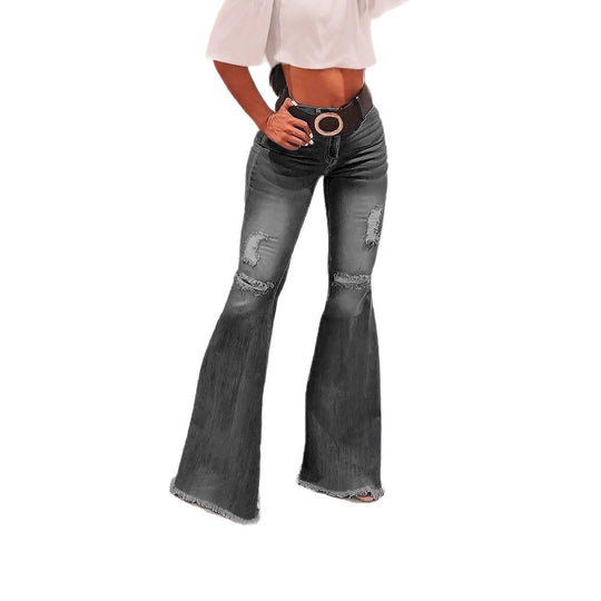 Damen Hochtaillierte Flared-Jeans mit Knie-Rissen, Fransen-Saum und ausgestelltem Bein Shop Nory