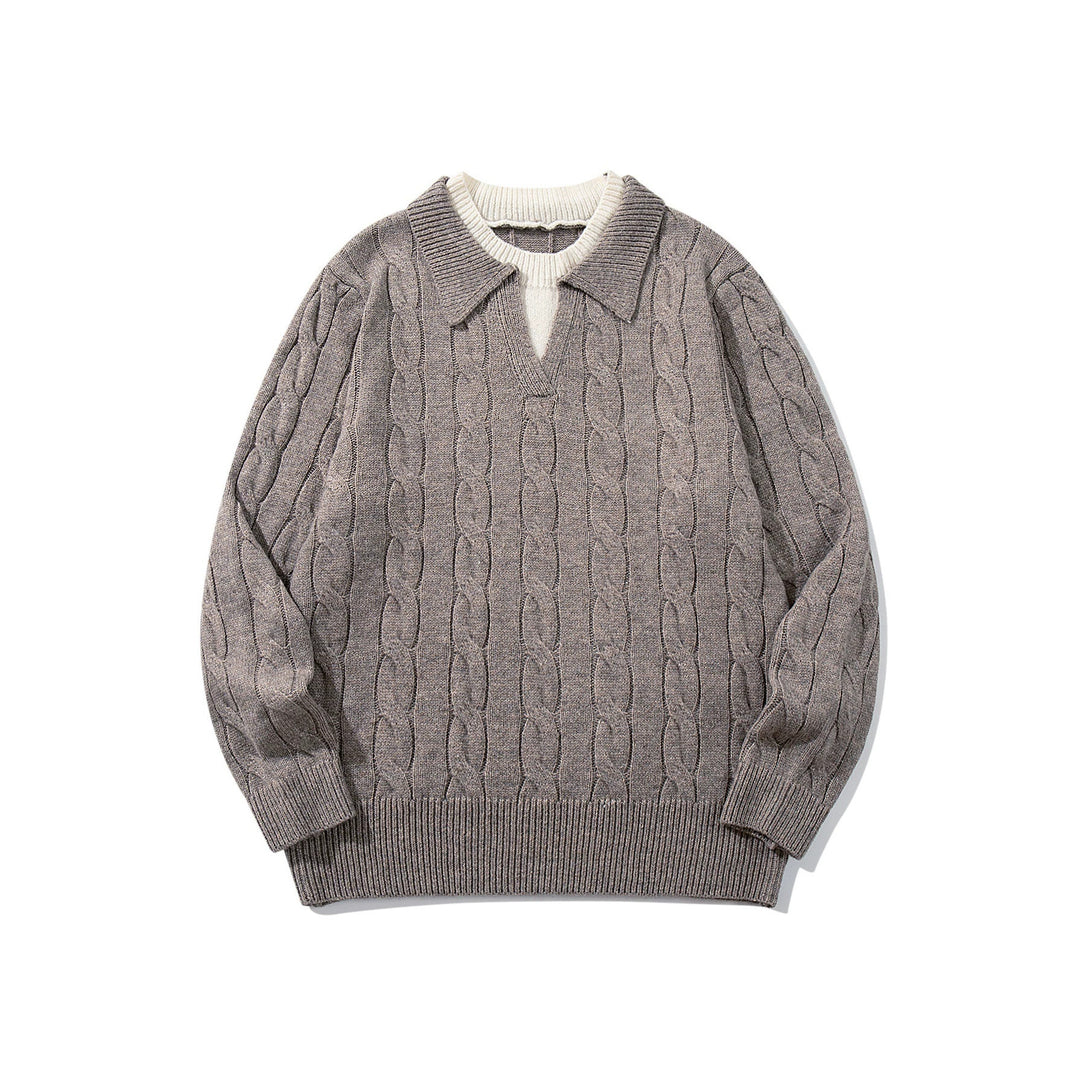 Unisex Strukturiertes Zopfstrick-Pullover mit Polokragen und tiefem V‑Ausschnitt Shop Nory