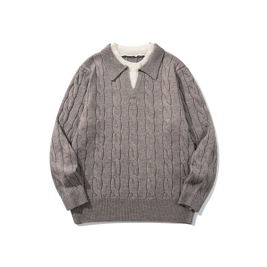 Unisex Strukturiertes Zopfstrick-Pullover mit Polokragen und tiefem V‑Ausschnitt Shop Nory
