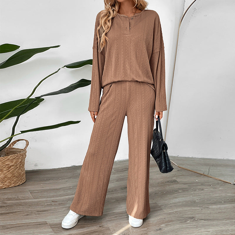 Damen Zweiteiliges Strick-Loungewear-Set mit Wide‑Leg-Hose und Henley-Oberteil Shop Nory