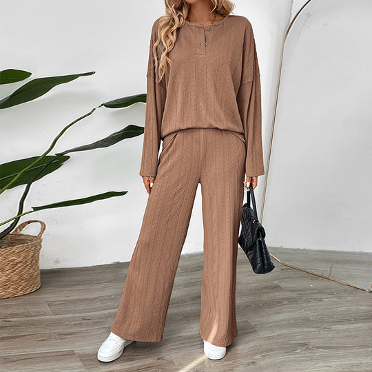 Damen Zweiteiliges Strick-Loungewear-Set mit Wide‑Leg-Hose und Henley-Oberteil Shop Nory