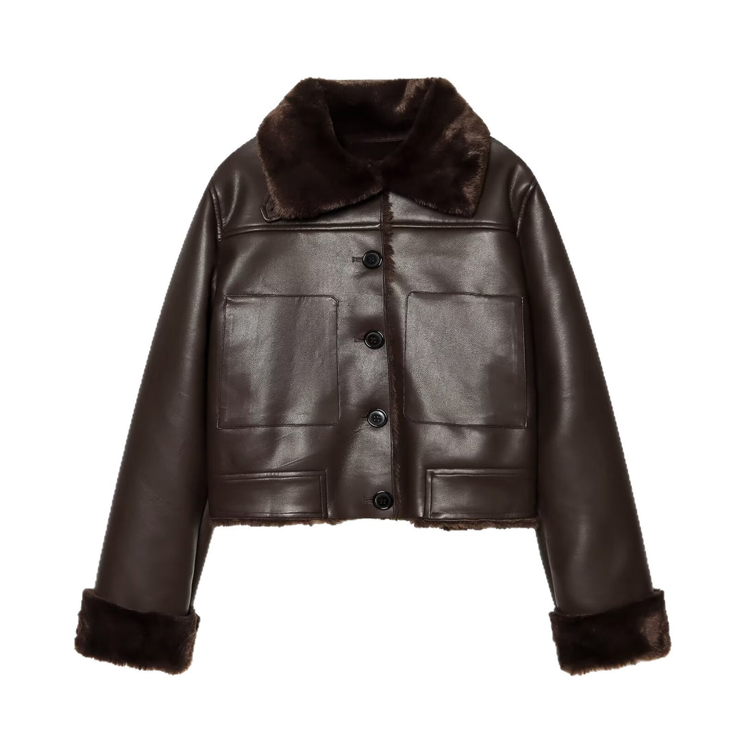Damen Kurzjacke aus Lederoptik mit Teddy-Futter, aufgesetzten Taschen und Umlegekragen Shop Nory