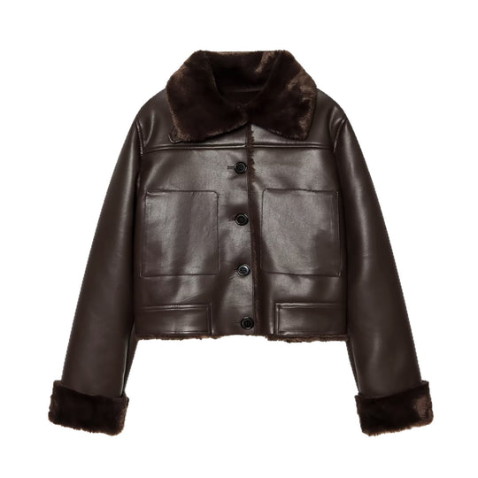 Damen Kurzjacke aus Lederoptik mit Teddy-Futter, aufgesetzten Taschen und Umlegekragen Shop Nory