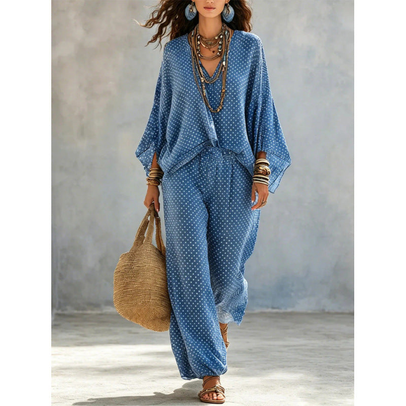 Damen Boho-Lounge-Set mit weitem V-Ausschnitt, Fledermausärmeln und elastischer Bund-Palazzohose Shop Nory
