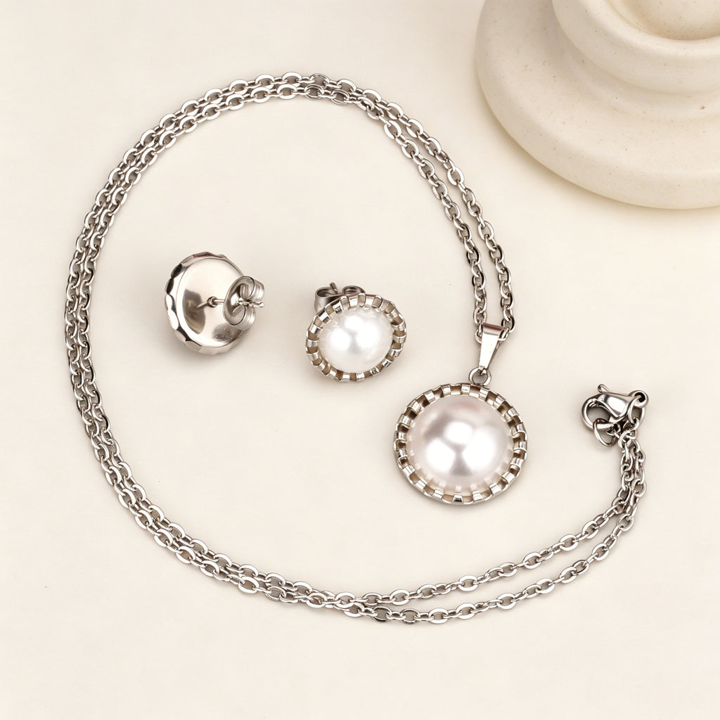 Damen Schmuckset mit Edelstahl-Halskette und elegantem Perlen-Aanhänger Shop Nory