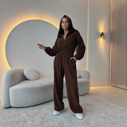 Damen eleganter Lounge-Overall mit elastischer Taillenpartie, Stehkragen, Reißverschluss und weitem Bein Shop Nory