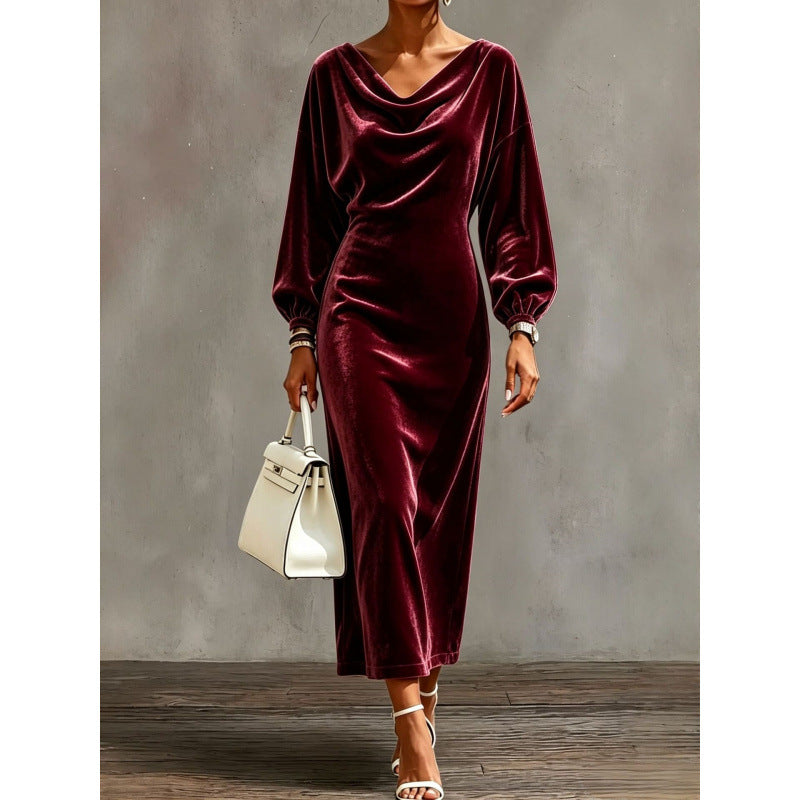 Damen Midikleid aus Samt mit drapiertem Wasserfallkragen und Ballonärmeln Shop Nory