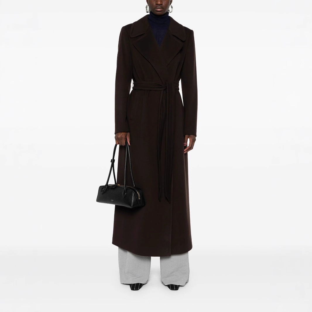 Damen Langer Wickelcoat aus Wollmix mit Bindegürtel und breitem Revers Shop Nory