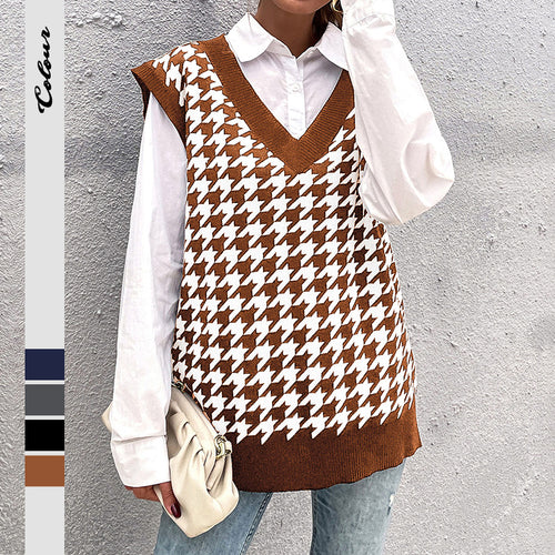 Damen Oversize Strickweste mit Hahnentritt‑Muster und tiefem V‑Ausschnitt Shop Nory