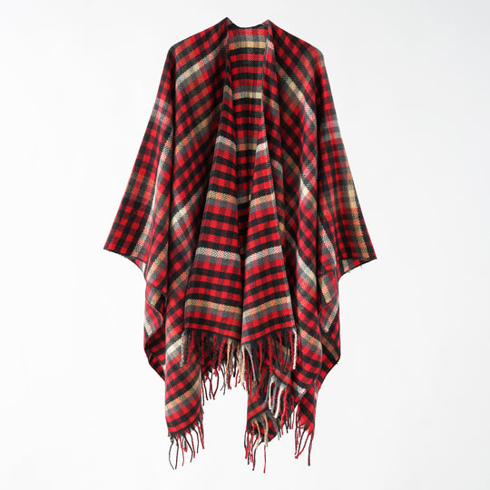 Damen Karierter Wollmix Poncho mit Fransen und offenem Oversize Fall Shop Nory