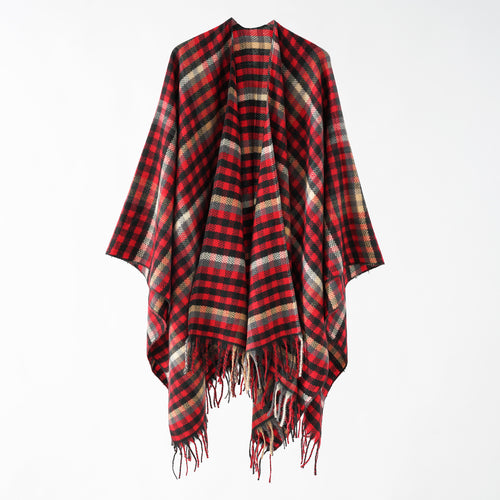 Damen Karierter Wollmix Poncho mit Fransen und offenem Oversize Fall Shop Nory