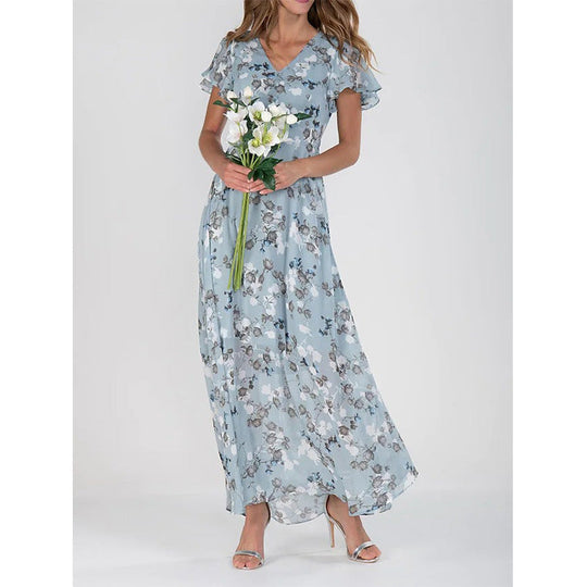 Damen Maxikleid mit floralem Chiffon-Stoff und transparenten Ärmeln