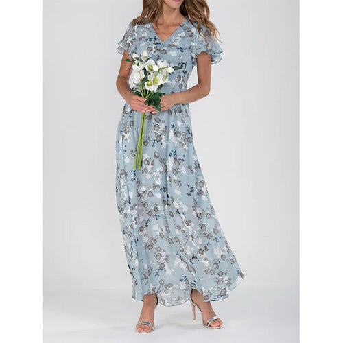 Damen Maxikleid mit floralem Chiffon-Stoff und transparenten Ärmeln