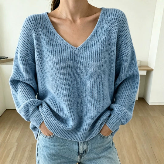 Damen Lässiger Boxy-Grobstrickpullover mit V-Ausschnitt und gerippten Bündchen Shop Nory