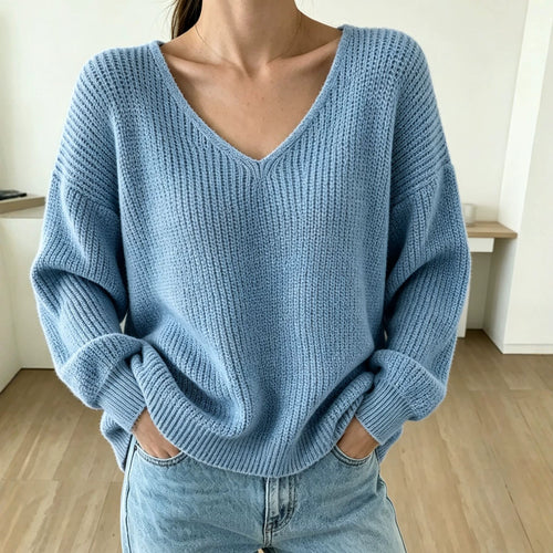 Damen Lässiger Boxy-Grobstrickpullover mit V-Ausschnitt und gerippten Bündchen Shop Nory