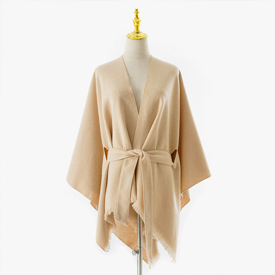 Damen Wickelponcho mit Bindegürtel, V-Ausschnitt und Fransensaum Shop Nory
