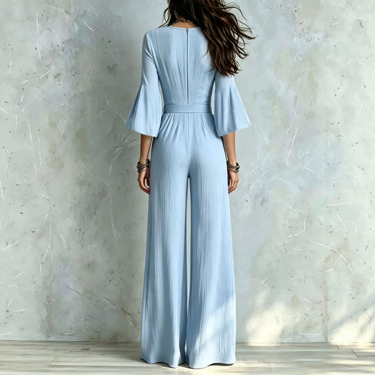 Damen Jumpsuit Wickel-Optik mit weitem Bein, Taillengürtel und Glockenärmeln Shop Nory