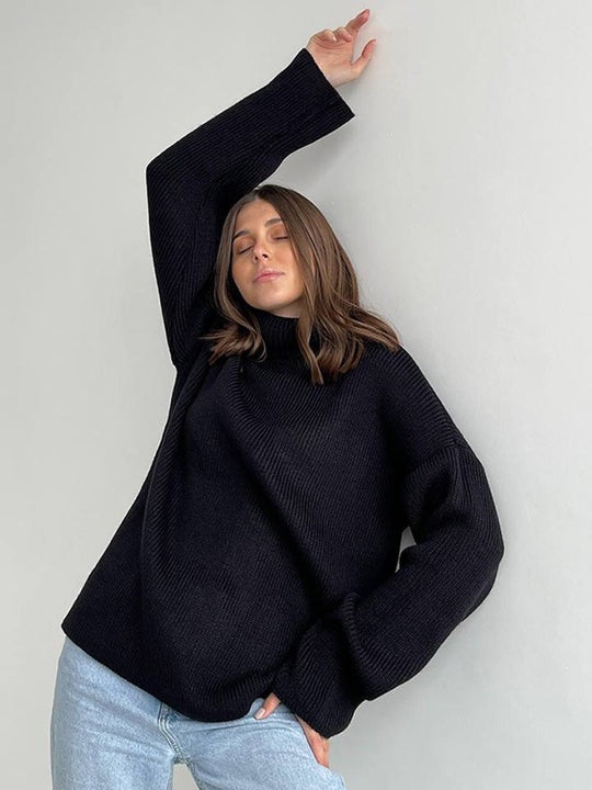 Damen Oversized Rippenstrick Rollkragenpullover mit verlängerter Manschette Shop Nory