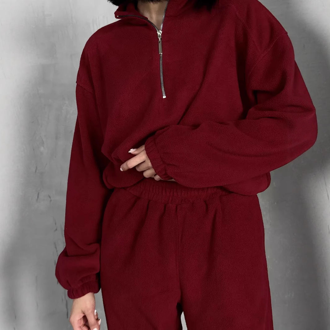 Damen lässiges Fleece-Jogginganzug Set mit Stehkragen und halbhohem Reißverschluss Shop Nory