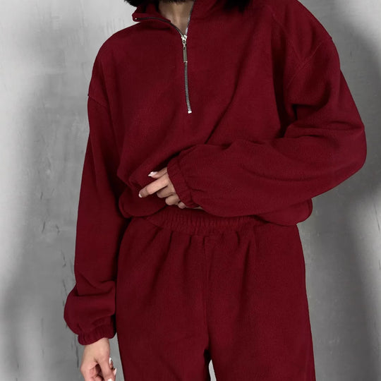 Damen lässiges Fleece-Jogginganzug Set mit Stehkragen und halbhohem Reißverschluss Shop Nory