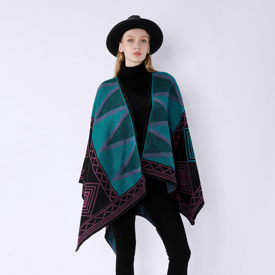 Damen Geometrischer Wollmix-Überwurfponcho mit Kettelkante Shop Nory