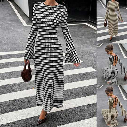 Damen Figurbetontes Ripp‑Midikleid mit Trompetenärmeln und taillierter Schnittführung Shop Nory