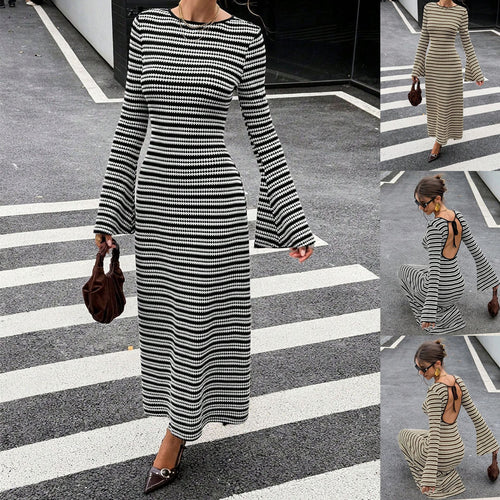 Damen Figurbetontes Ripp‑Midikleid mit Trompetenärmeln und taillierter Schnittführung Shop Nory