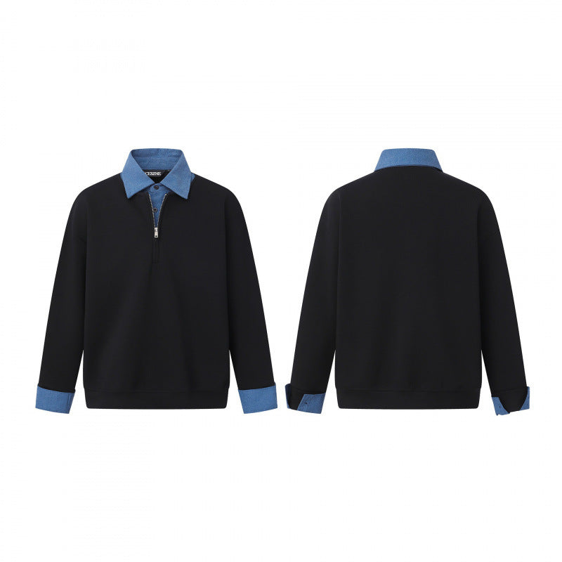 Unisex Oversize-Halbzip-Sweatshirt mit kontrastierendem Hemdkragen und Denim-Bündchen Shop Nory