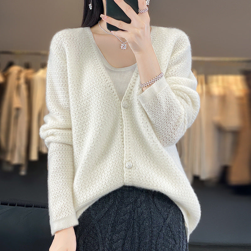 Damen Offener Ajour-Strickcardigan mit dezentem Flauschfinish und kastiger Oversize-Silhouette Shop Nory