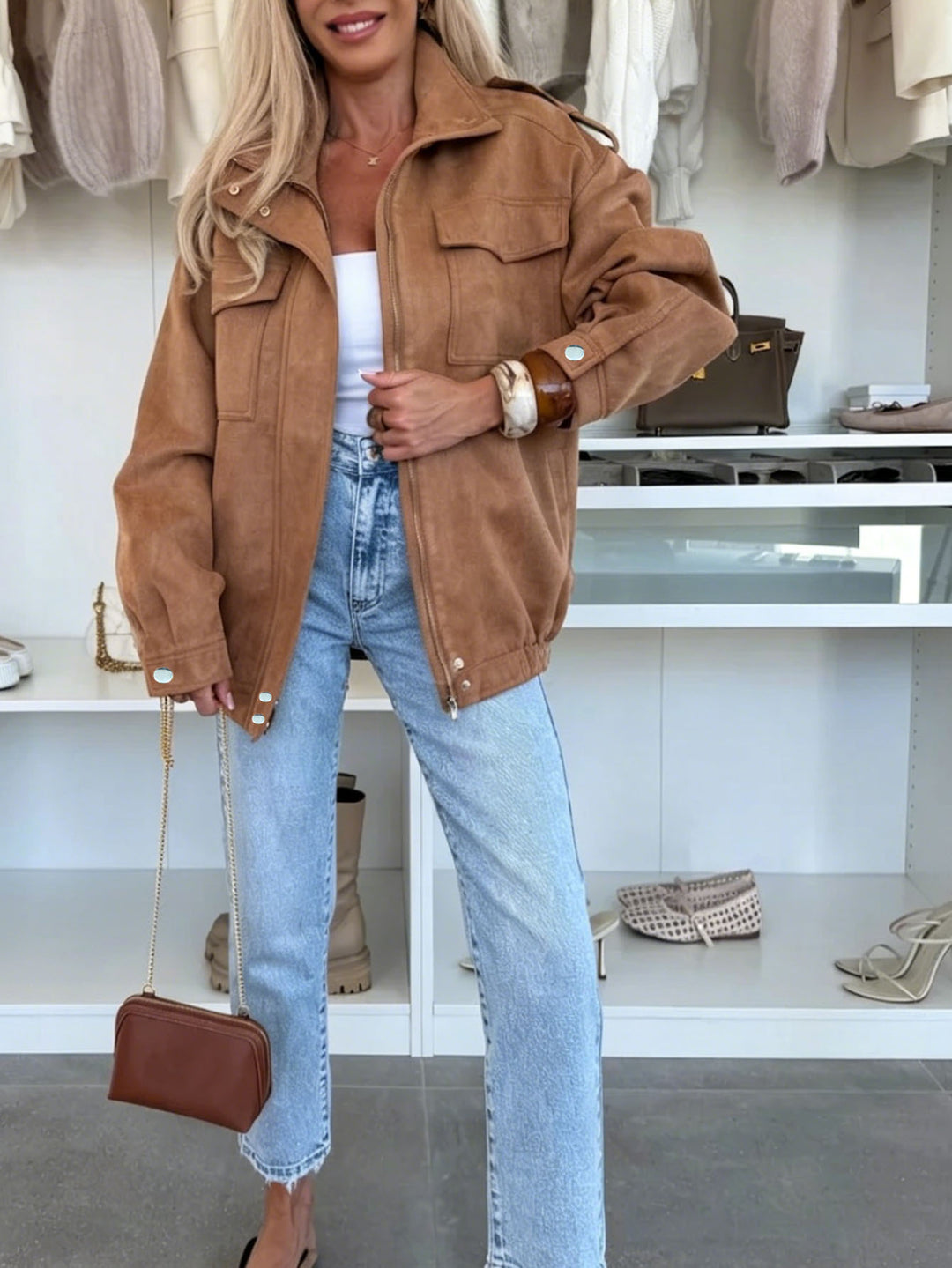Damen Oversized Jacke in Wildleder-Optik mit Brusttaschen und Epauletten Shop Nory