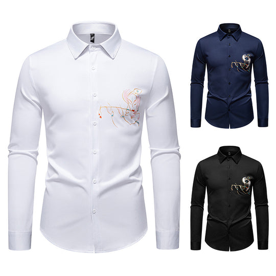 Herren Slim-Fit Businesshemd mit aufwendiger Bruststickerei und Kentkragen Shop Nory