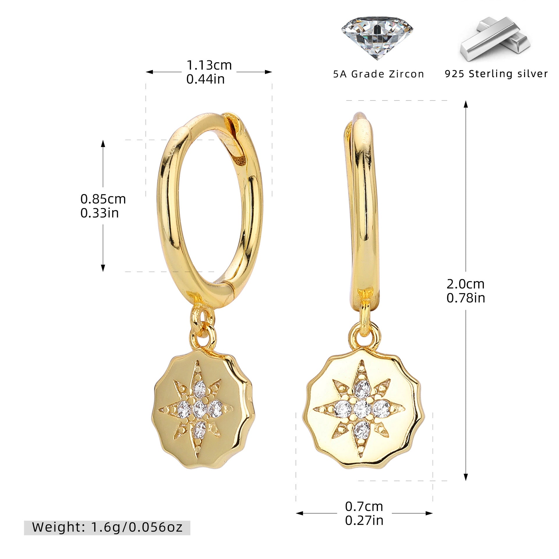 Damen Ohrhänger mit funkelndem Zirkon-Sternanhänger aus 925 Sterling Silber Shop Nory